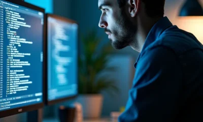 Developer debugging software on a screen with code and error logs.