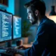 Developer debugging software on a screen with code and error logs.