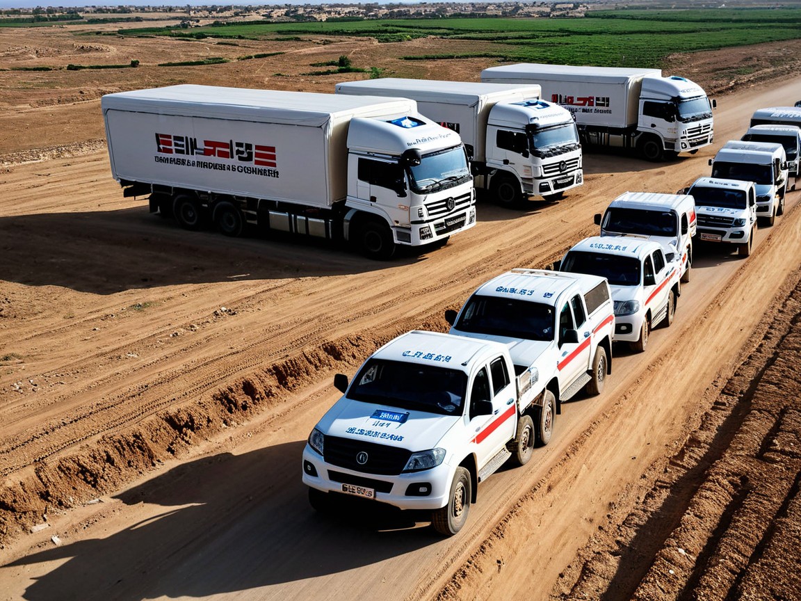 Chinese humanitarian aid convoy arrives at the Gaza border crossing, May 2025.