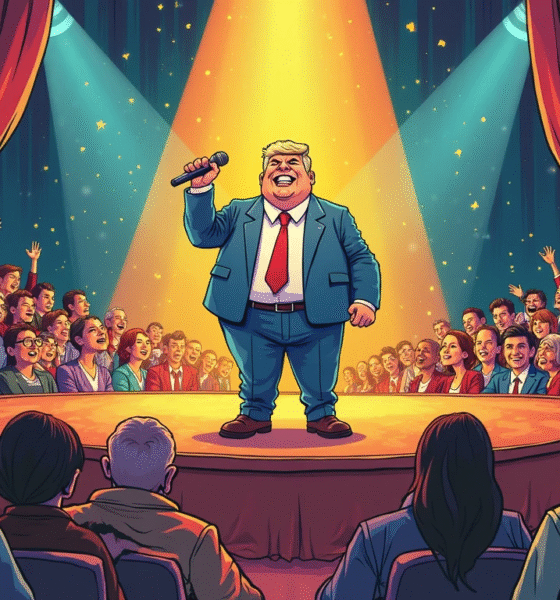 A cartoon of a comedian on stage telling fat jokes to a laughing audience.